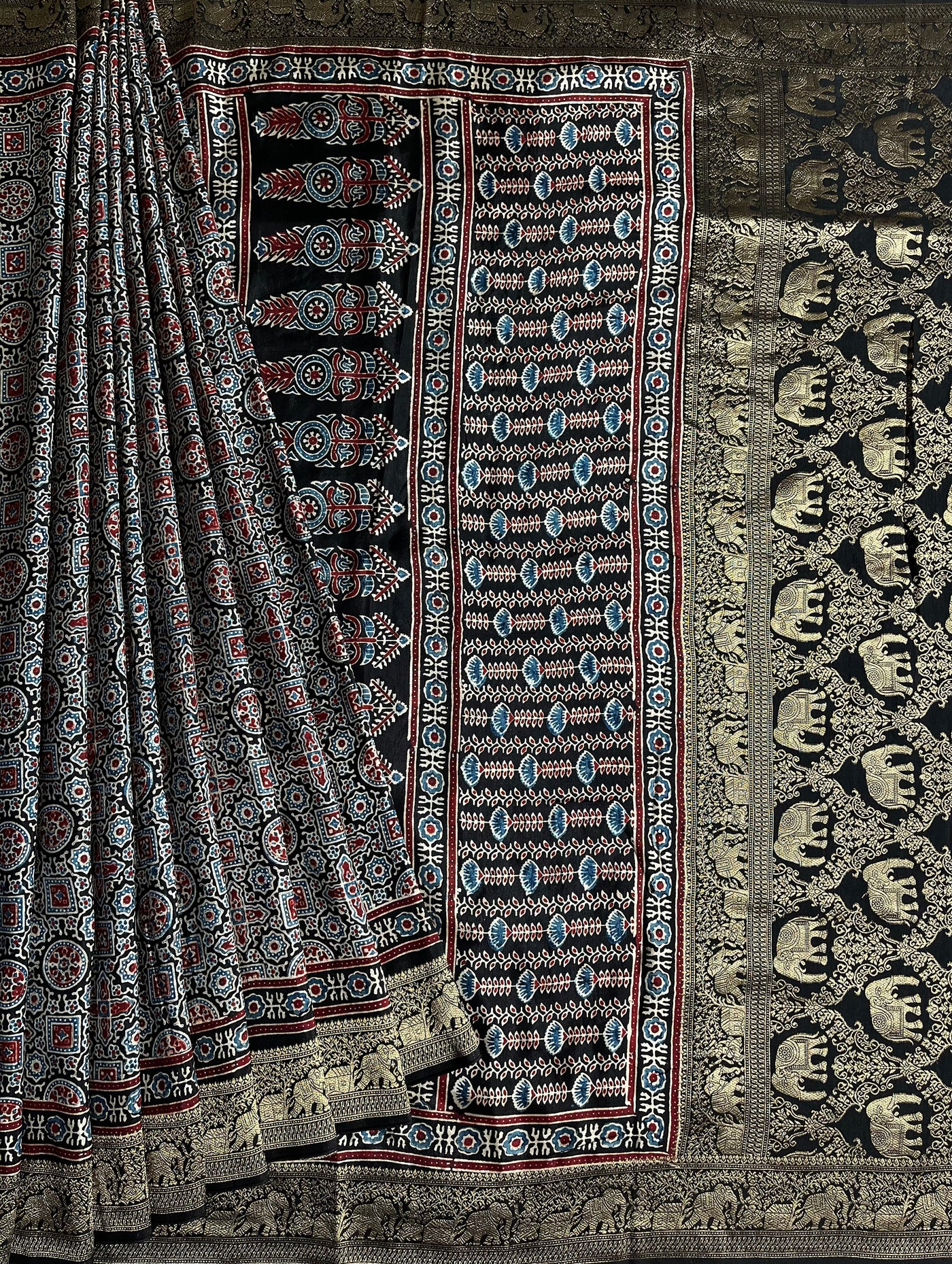 SALONI: Handblock Ajrakh Dola Silk Saree with Meenakari Pallu