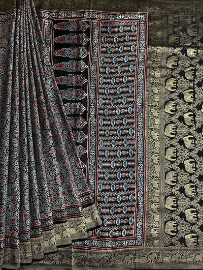 SALONI: Handblock Ajrakh Dola Silk Saree with Meenakari Pallu