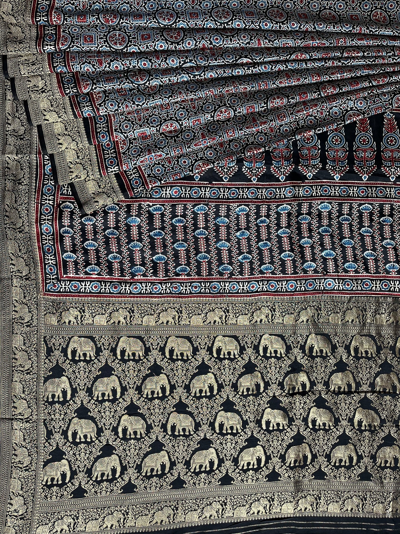 SALONI: Handblock Ajrakh Dola Silk Saree with Meenakari Pallu