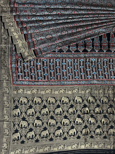 SALONI: Handblock Ajrakh Dola Silk Saree with Meenakari Pallu