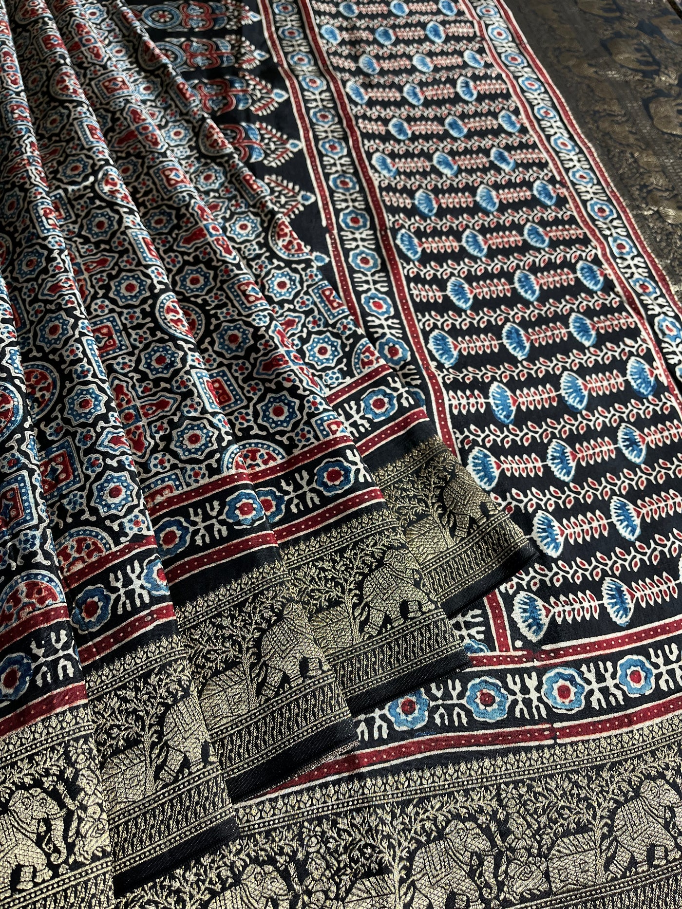 SALONI: Handblock Ajrakh Dola Silk Saree with Meenakari Pallu