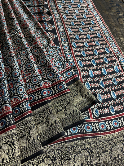 SALONI: Handblock Ajrakh Dola Silk Saree with Meenakari Pallu