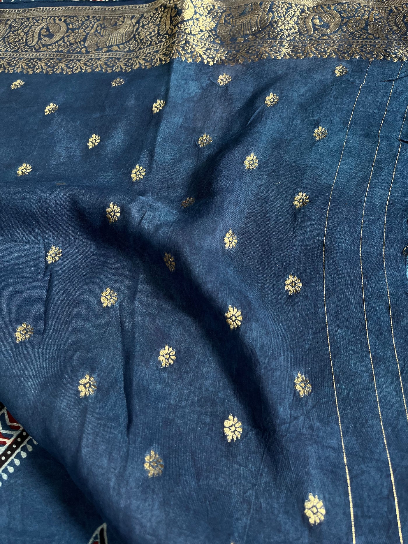 RASHMIKA: Handblock Ajrakh Dola Silk Saree with Meenakari Pallu