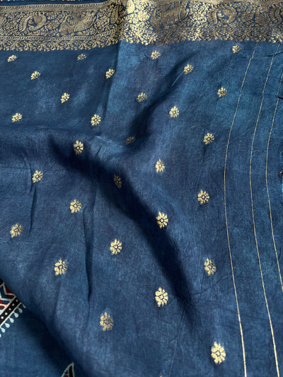 RASHMIKA: Handblock Ajrakh Dola Silk Saree with Meenakari Pallu