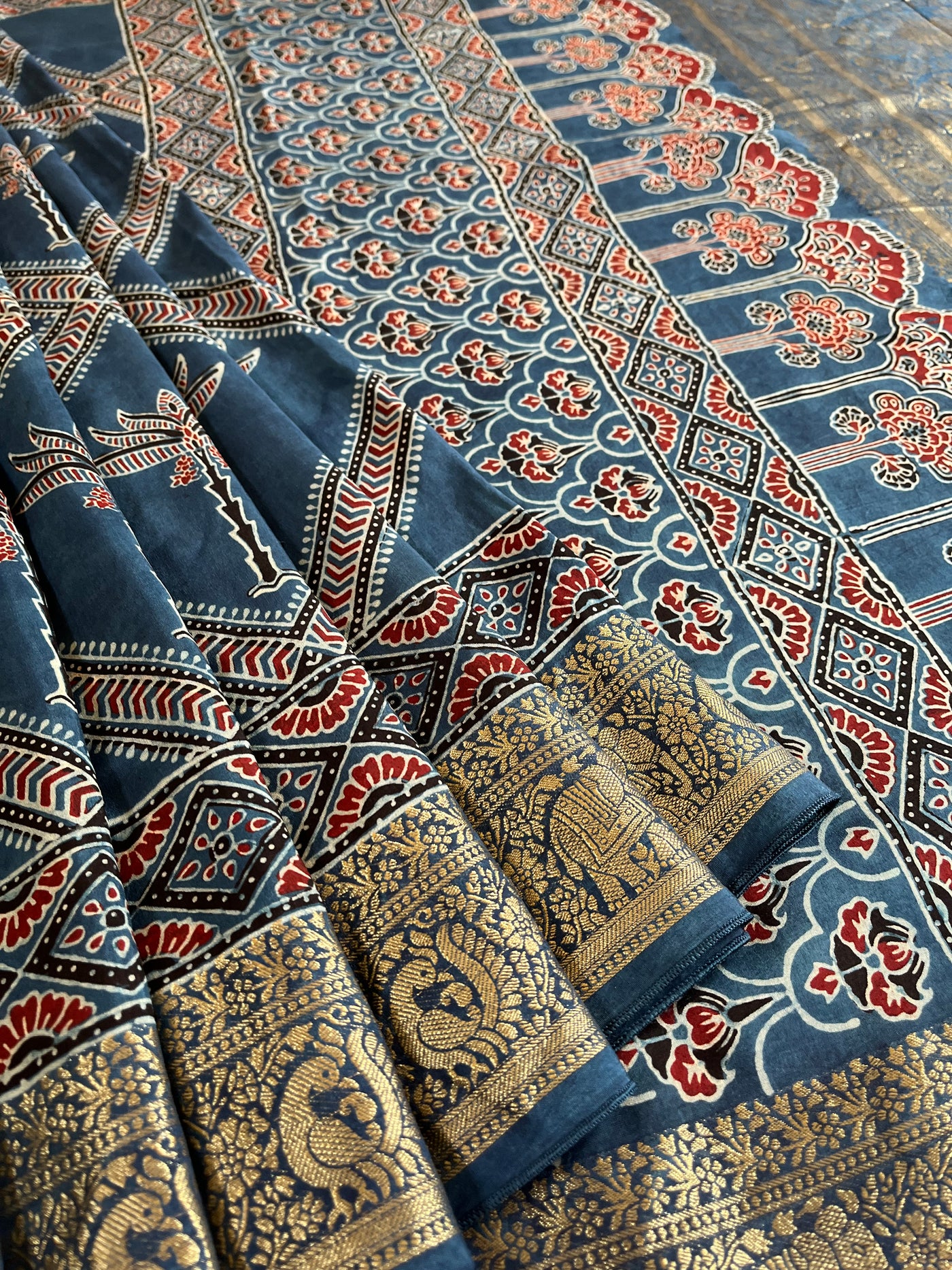 RASHMIKA: Handblock Ajrakh Dola Silk Saree with Meenakari Pallu