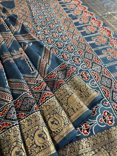 RASHMIKA: Handblock Ajrakh Dola Silk Saree with Meenakari Pallu