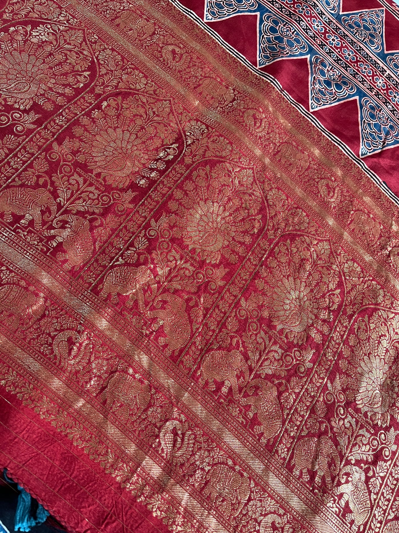CHARVI: Handblock Ajrakh Dola Silk Saree with Meenakari Pallu