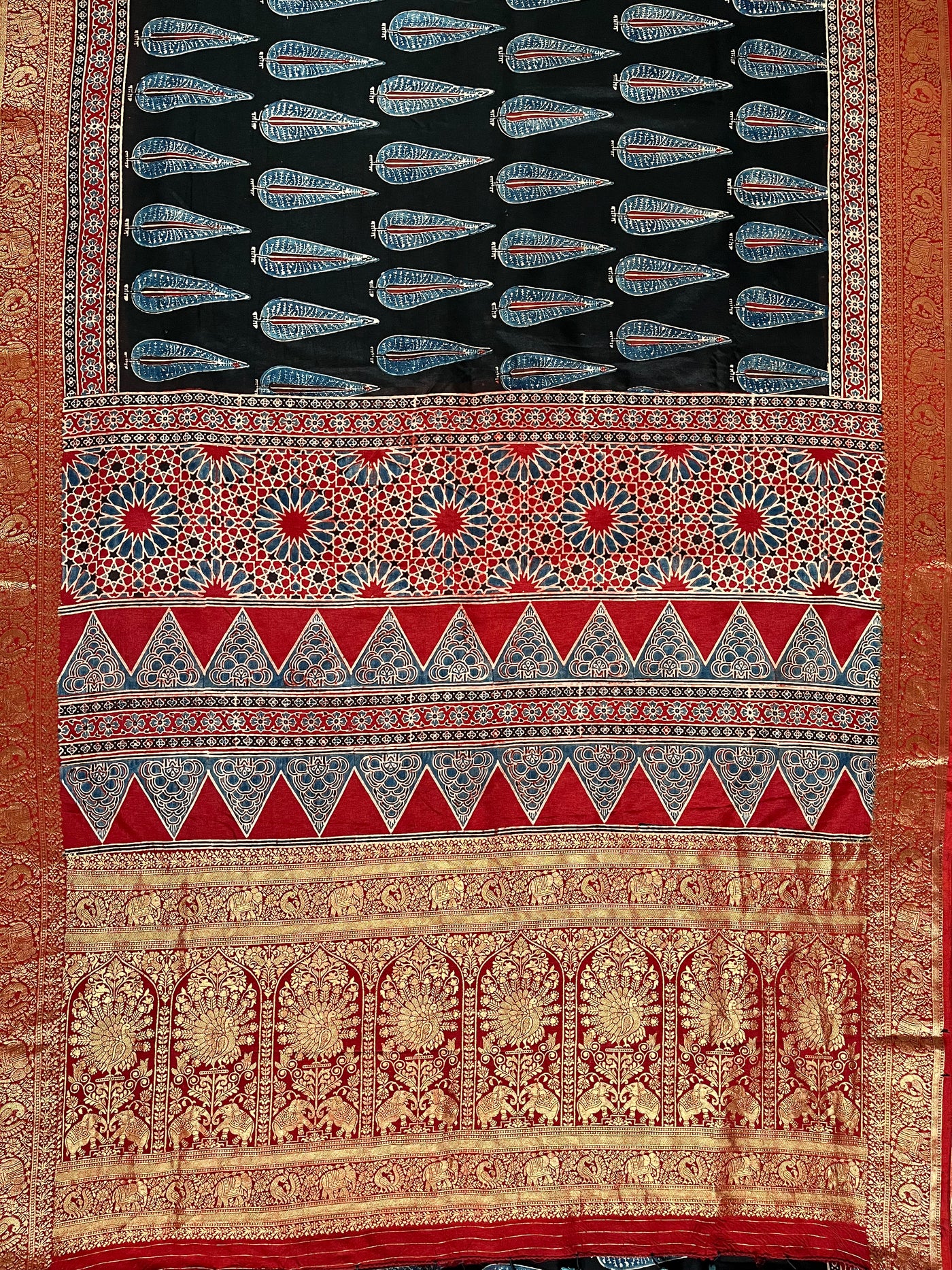 CHARVI: Handblock Ajrakh Dola Silk Saree with Meenakari Pallu