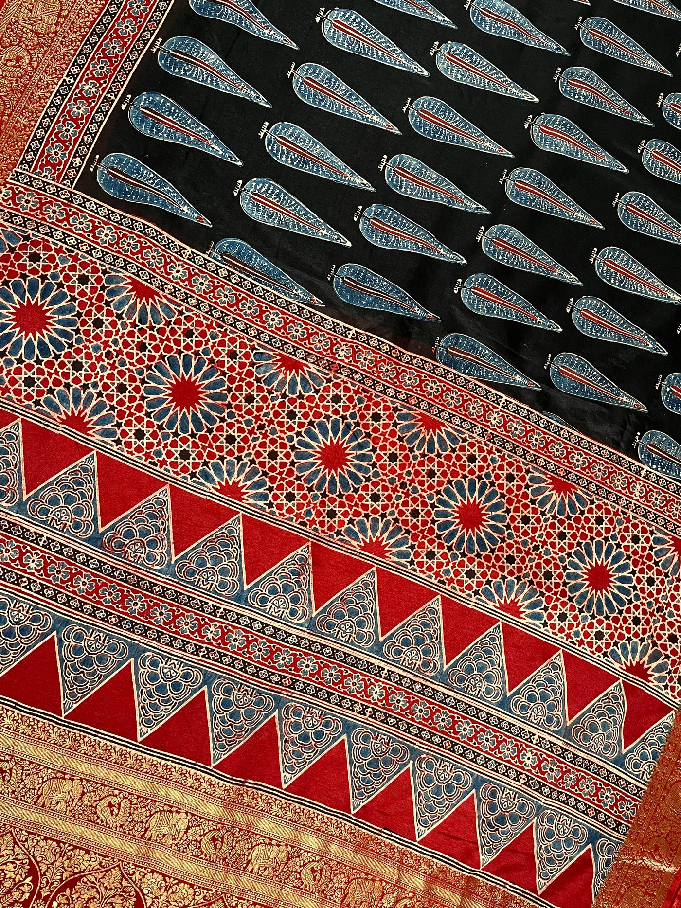 CHARVI: Handblock Ajrakh Dola Silk Saree with Meenakari Pallu
