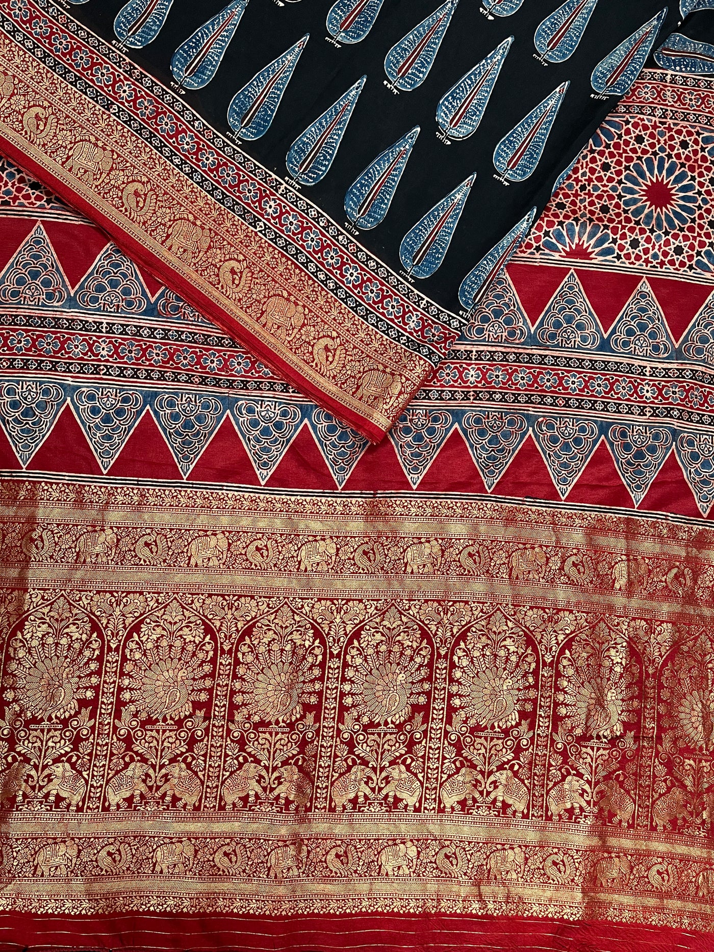 CHARVI: Handblock Ajrakh Dola Silk Saree with Meenakari Pallu