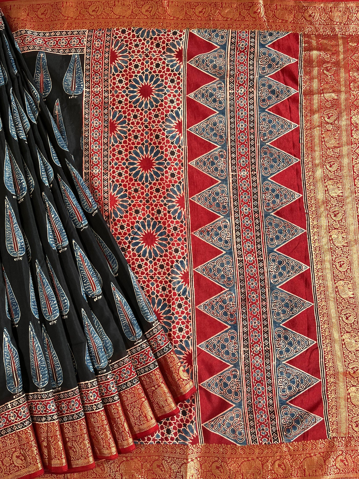 CHARVI: Handblock Ajrakh Dola Silk Saree with Meenakari Pallu