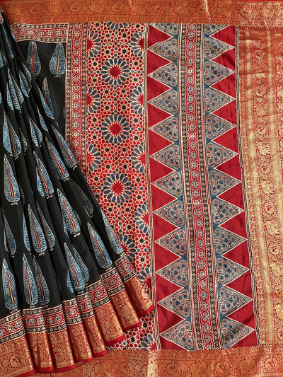 CHARVI: Handblock Ajrakh Dola Silk Saree with Meenakari Pallu
