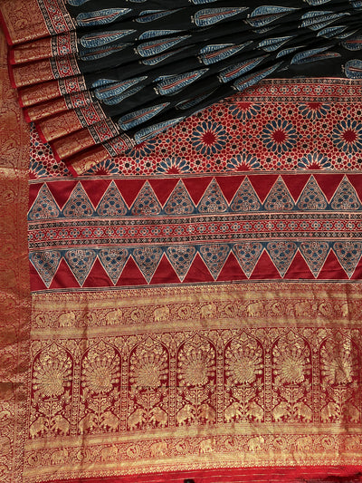 CHARVI: Handblock Ajrakh Dola Silk Saree with Meenakari Pallu