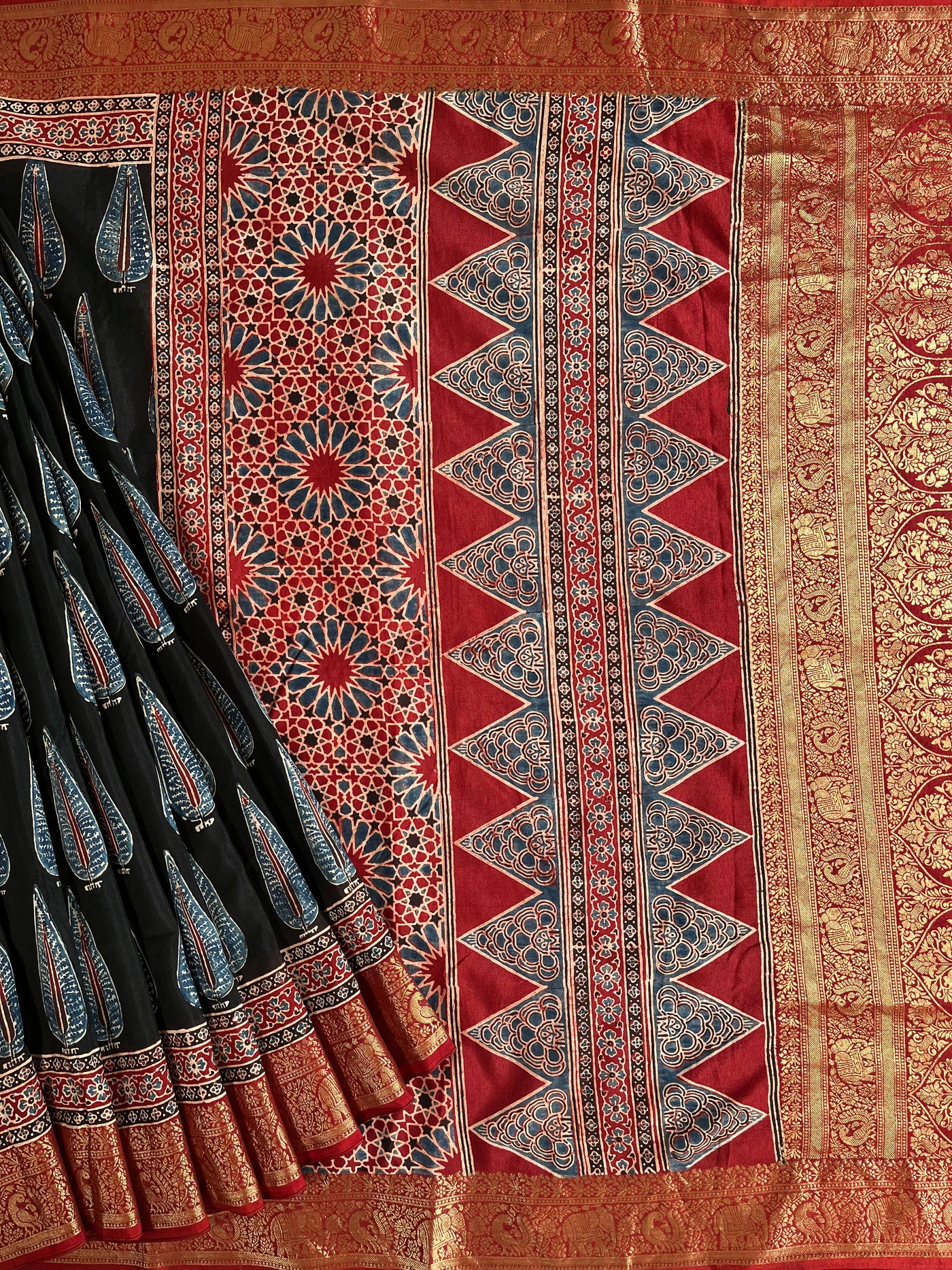 CHARVI: Handblock Ajrakh Dola Silk Saree with Meenakari Pallu