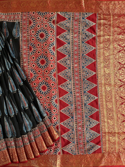 CHARVI: Handblock Ajrakh Dola Silk Saree with Meenakari Pallu