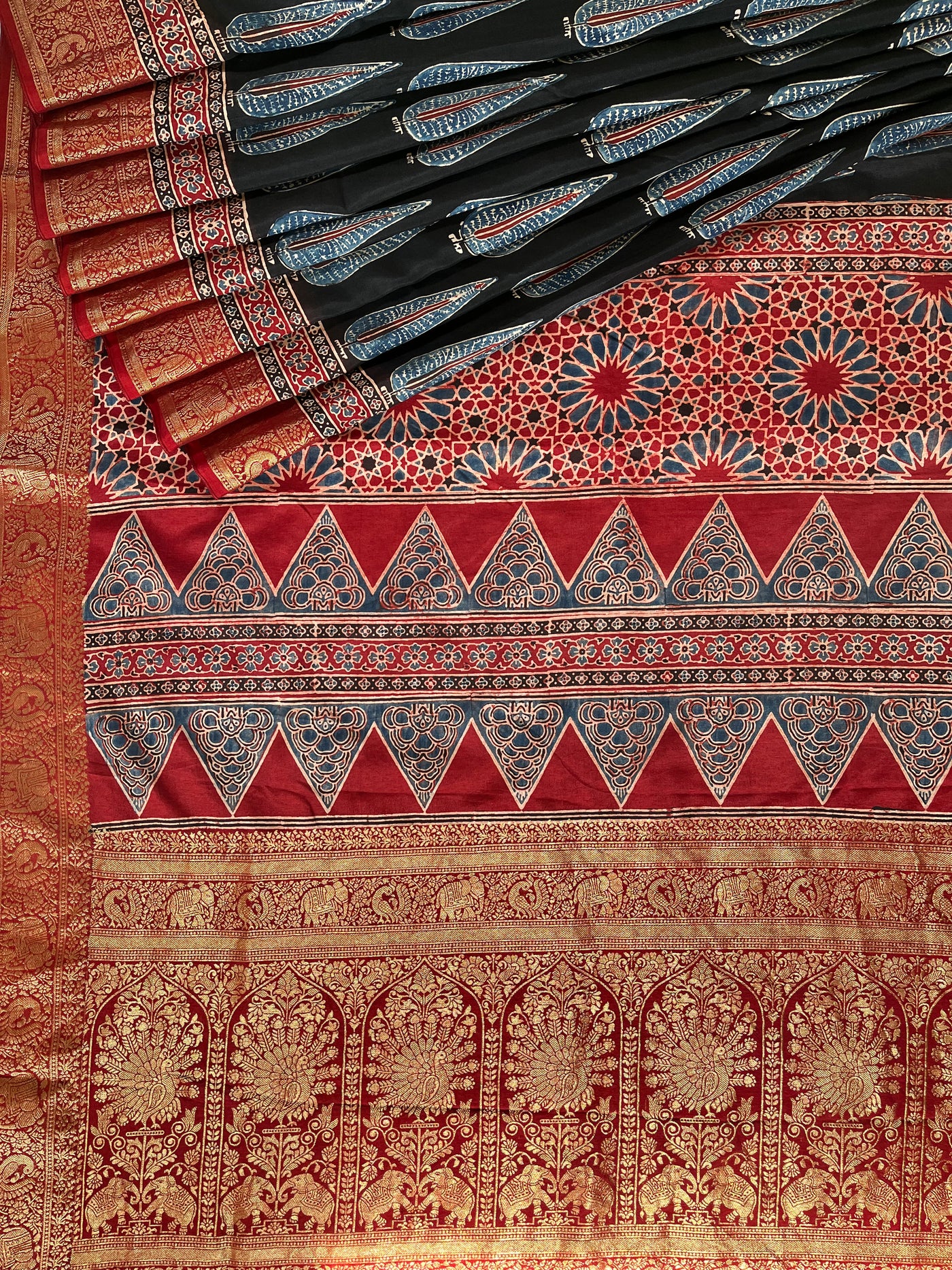 CHARVI: Handblock Ajrakh Dola Silk Saree with Meenakari Pallu