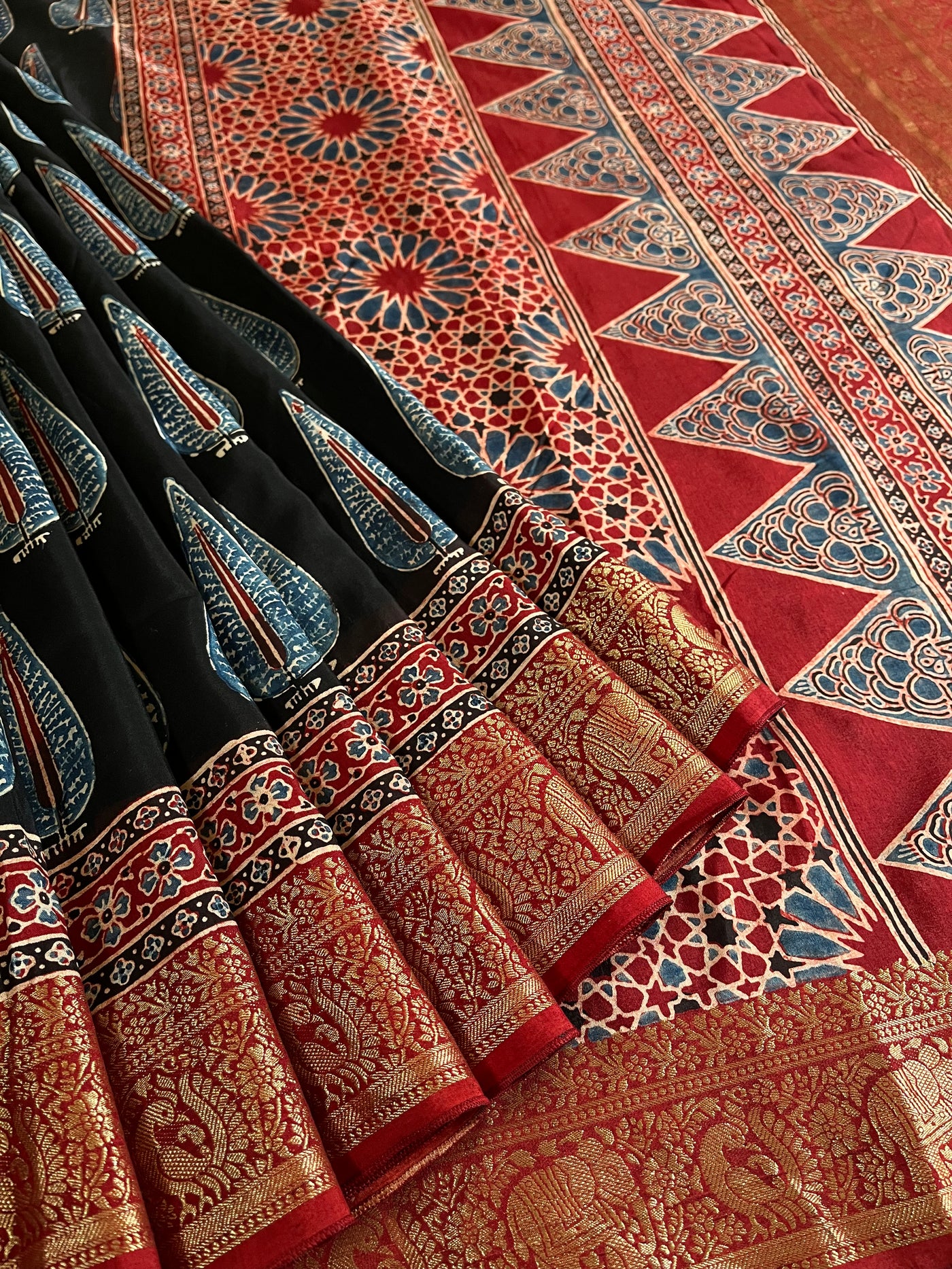 CHARVI: Handblock Ajrakh Dola Silk Saree with Meenakari Pallu