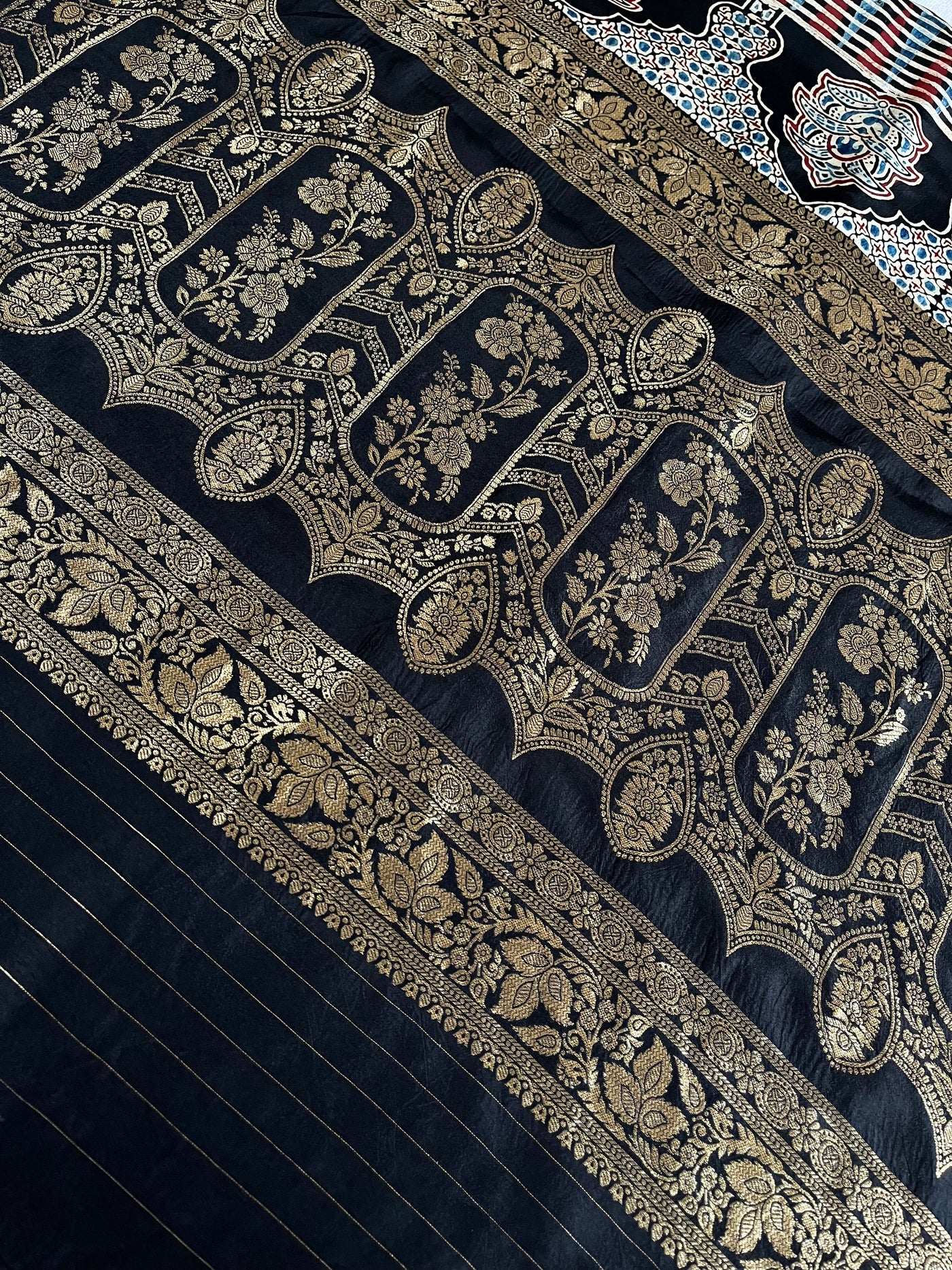 MAHIMA: Handblock Ajrakh Dola Silk Saree with Meenakari Pallu