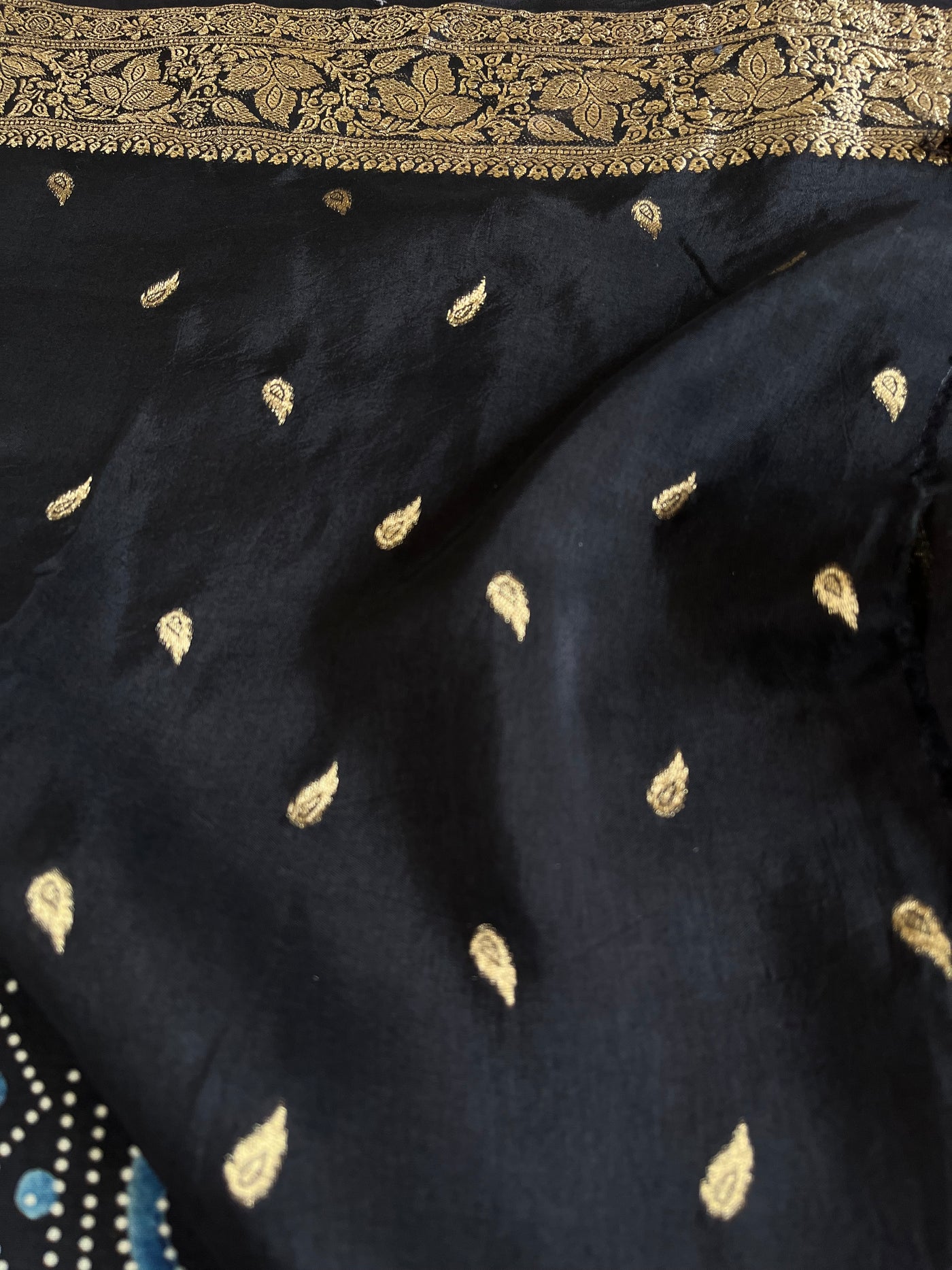 MAHIMA: Handblock Ajrakh Dola Silk Saree with Meenakari Pallu