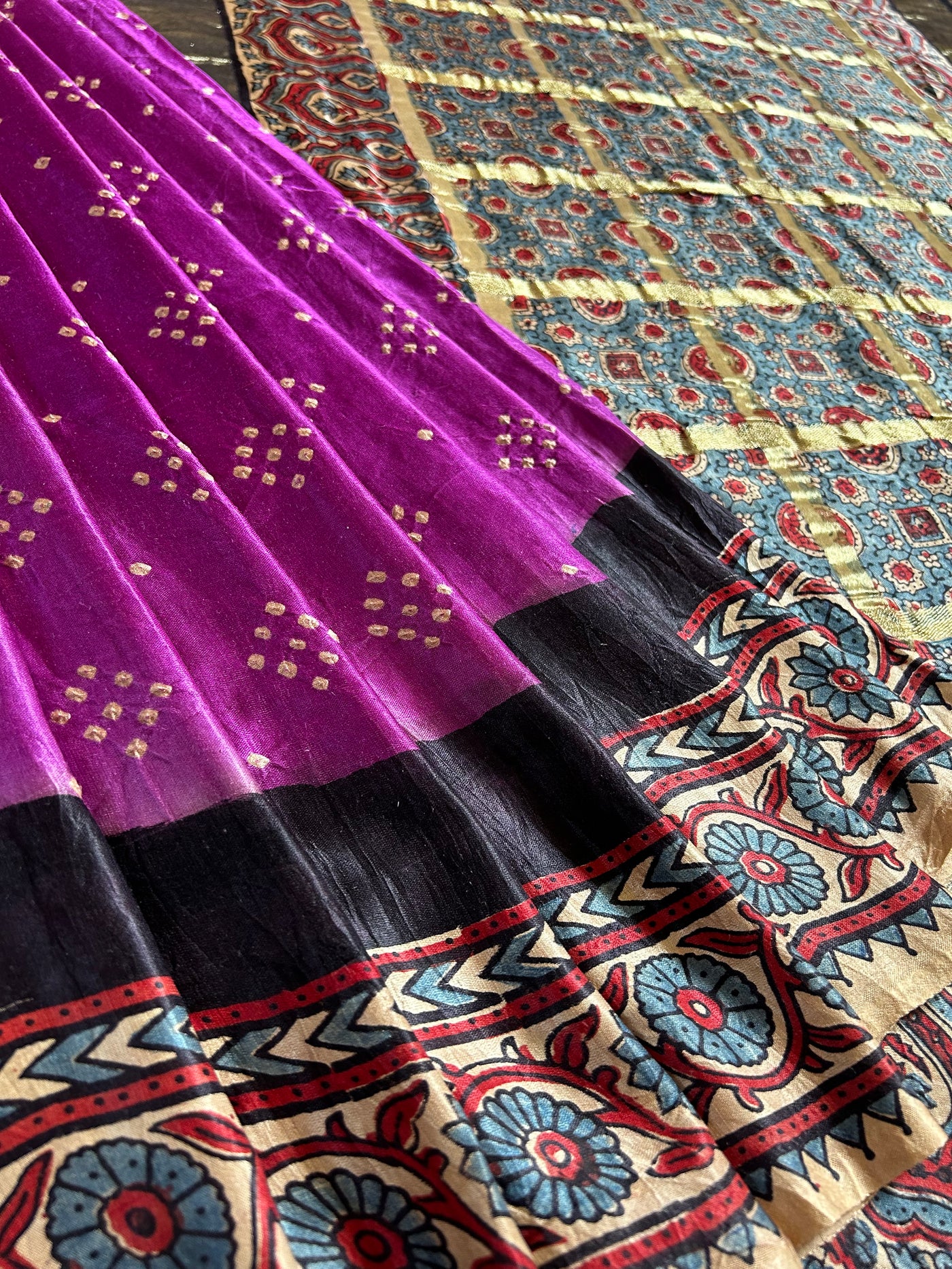 BARKHA: HANDMADE PURE GAJJI SILK AJRAKH BANDHEJ GHARCHOLA PALLU SAREE