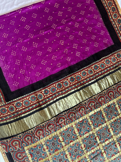 BARKHA: HANDMADE PURE GAJJI SILK AJRAKH BANDHEJ GHARCHOLA PALLU SAREE