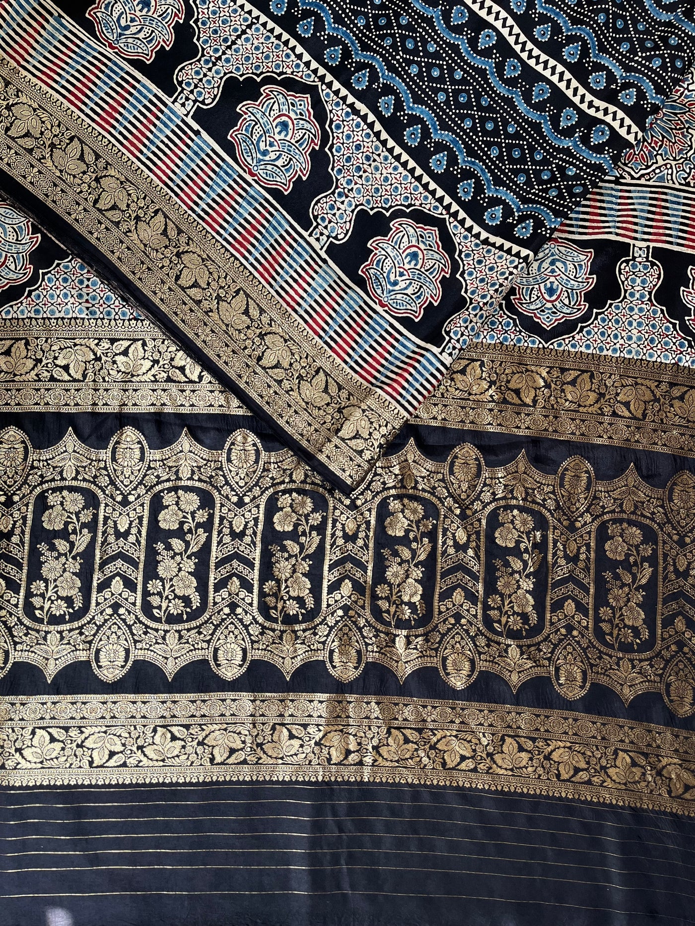 MAHIMA: Handblock Ajrakh Dola Silk Saree with Meenakari Pallu