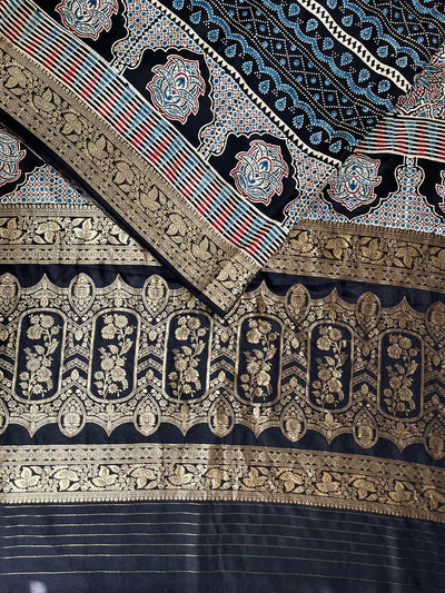 MAHIMA: Handblock Ajrakh Dola Silk Saree with Meenakari Pallu