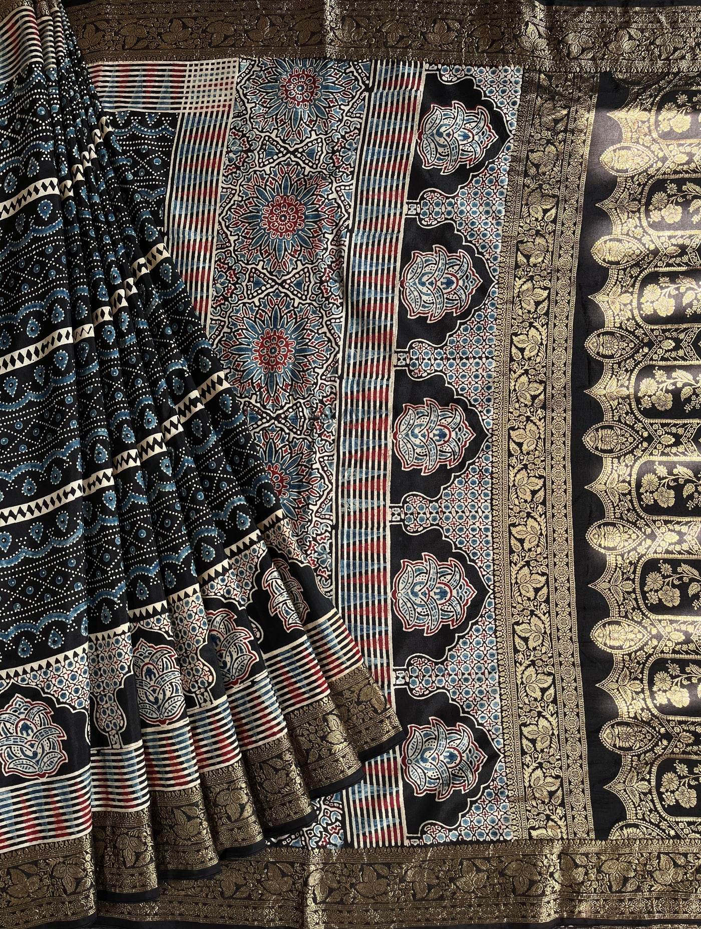 MAHIMA: Handblock Ajrakh Dola Silk Saree with Meenakari Pallu