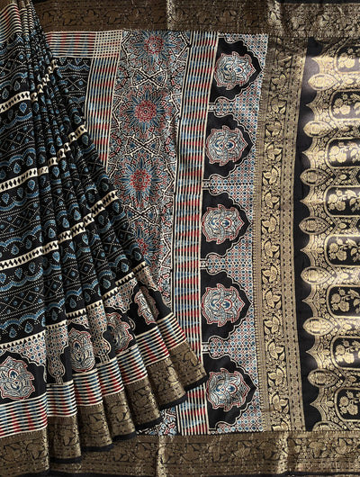 MAHIMA: Handblock Ajrakh Dola Silk Saree with Meenakari Pallu
