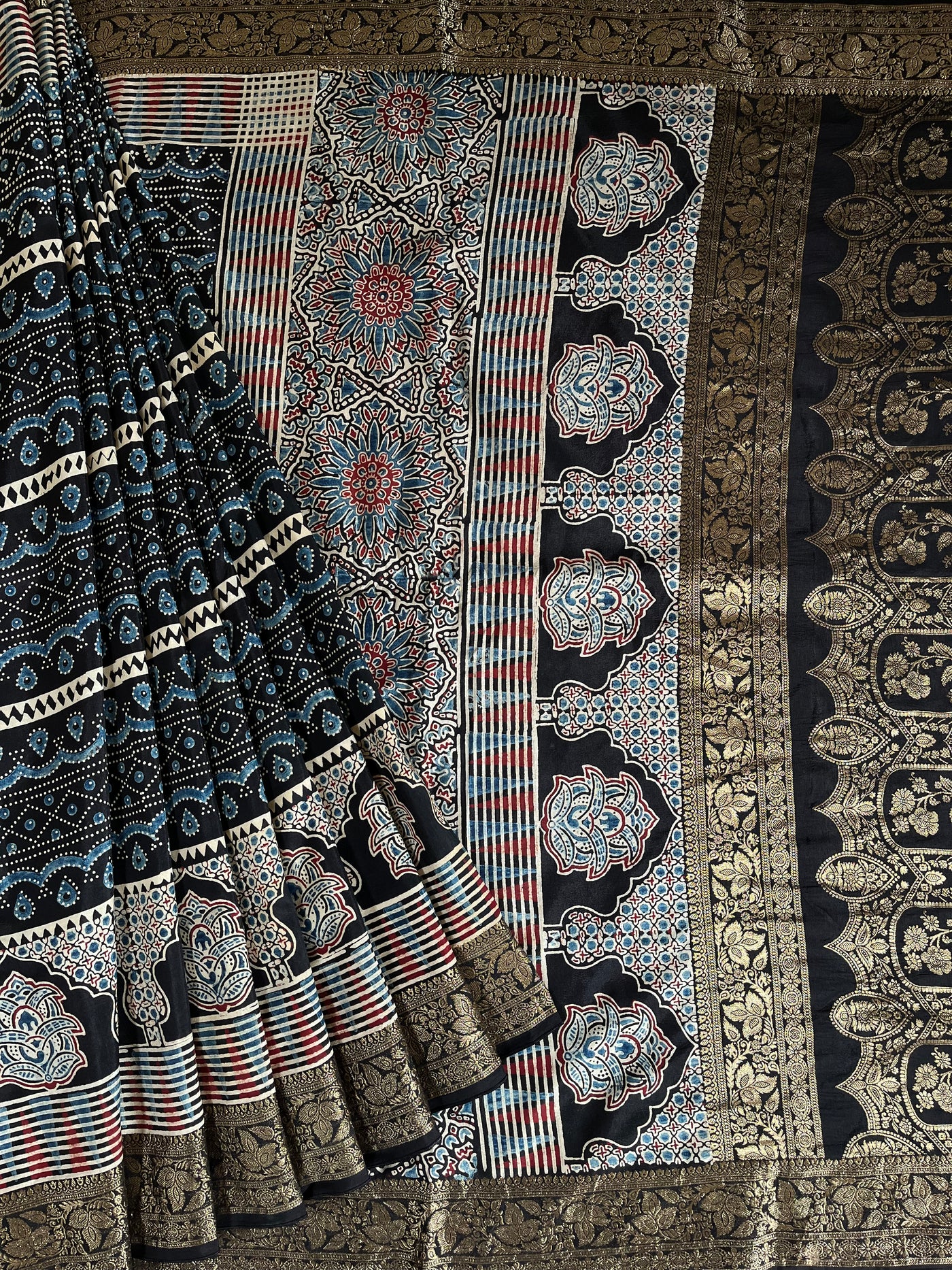 MAHIMA: Handblock Ajrakh Dola Silk Saree with Meenakari Pallu