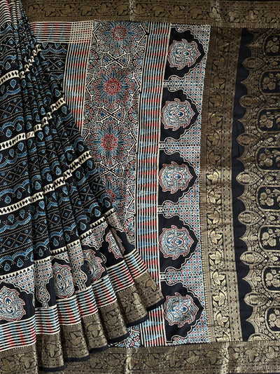 MAHIMA: Handblock Ajrakh Dola Silk Saree with Meenakari Pallu
