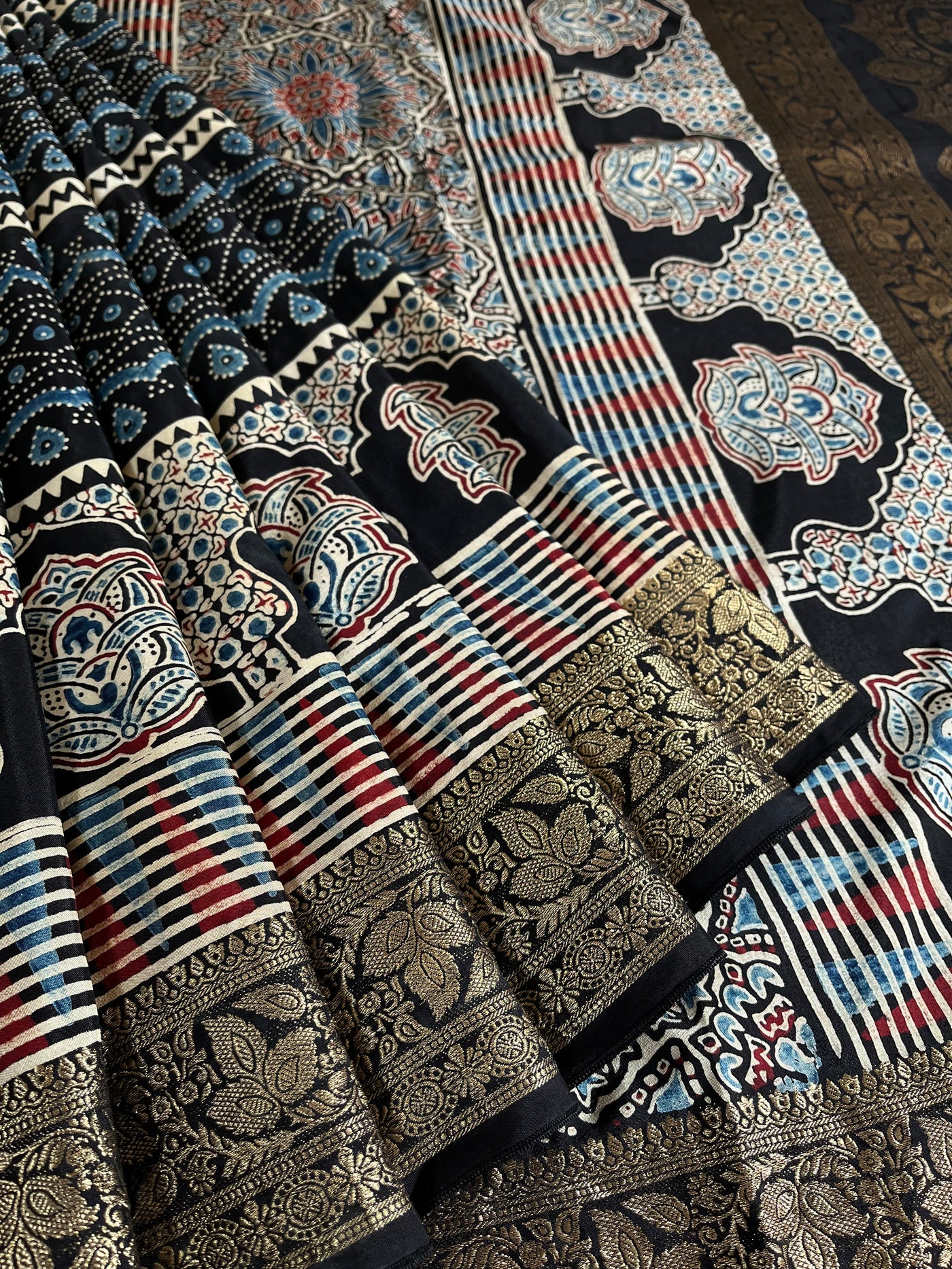 MAHIMA: Handblock Ajrakh Dola Silk Saree with Meenakari Pallu