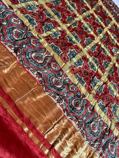 RENUKA: HANDMADE PURE GAJJI SILK AJRAKH BANDHEJ GHARCHOLA PALLU SAREE