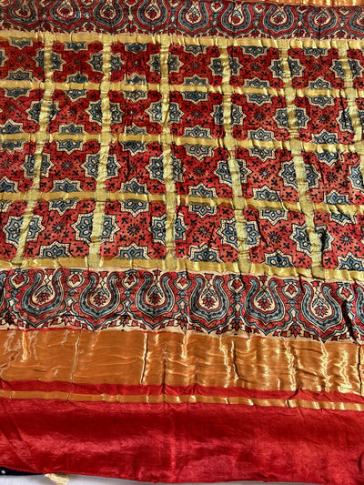 RENUKA: HANDMADE PURE GAJJI SILK AJRAKH BANDHEJ GHARCHOLA PALLU SAREE