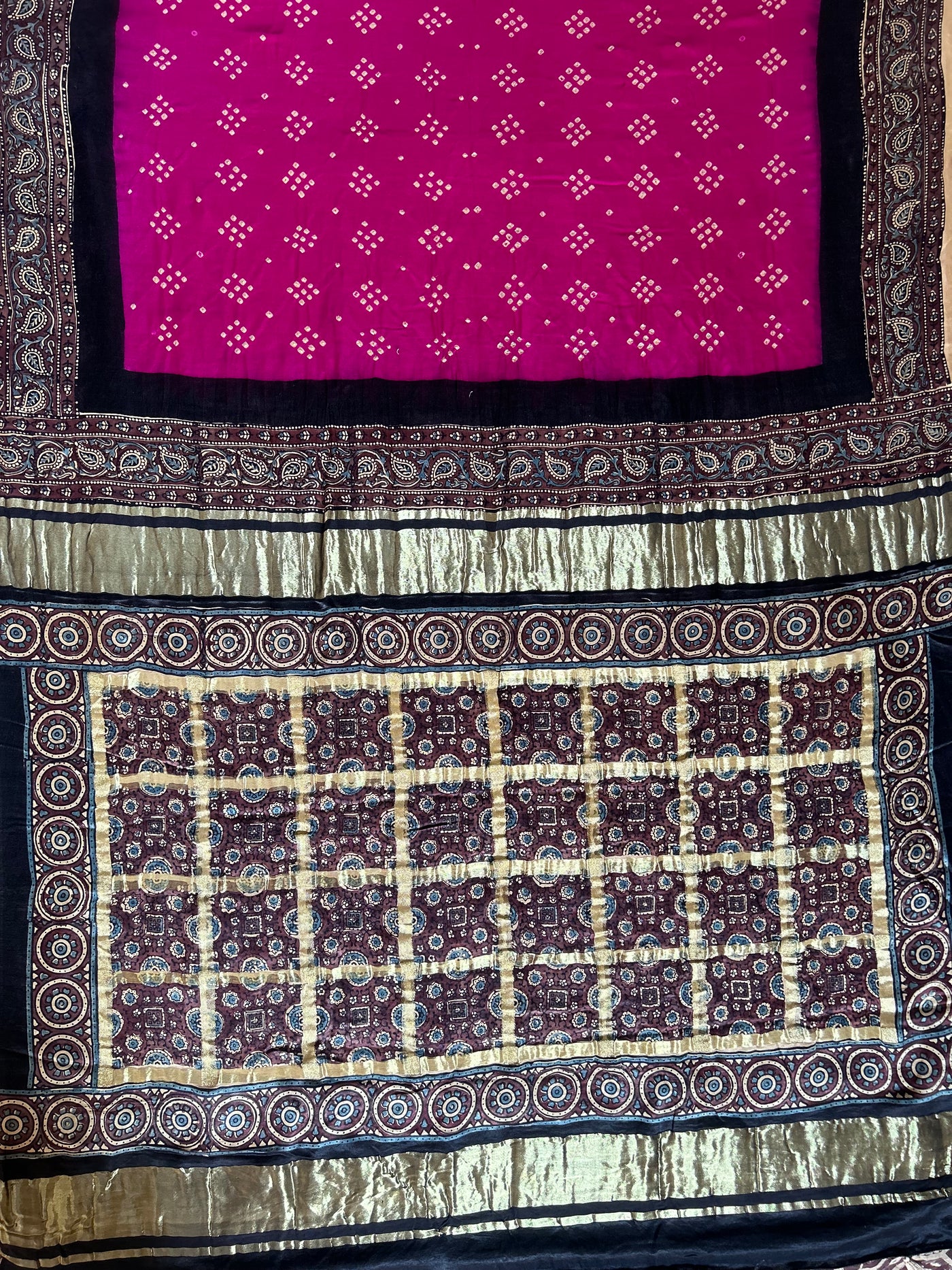 SANYUKTA: HANDMADE PURE GAJJI SILK AJRAKH BANDHEJ GHARCHOLA PALLU SAREE