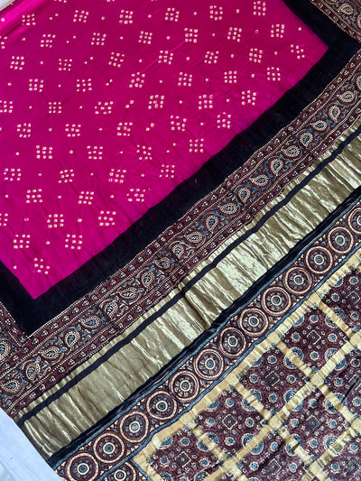 SANYUKTA: HANDMADE PURE GAJJI SILK AJRAKH BANDHEJ GHARCHOLA PALLU SAREE