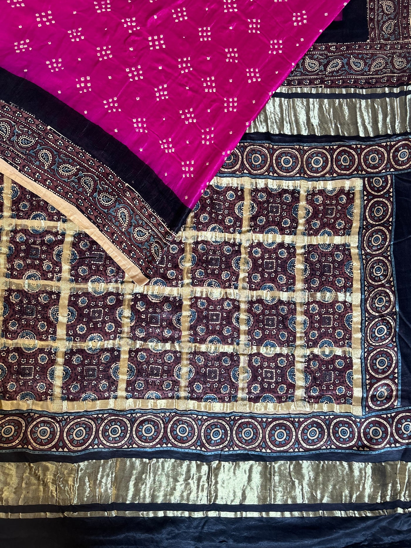 SANYUKTA: HANDMADE PURE GAJJI SILK AJRAKH BANDHEJ GHARCHOLA PALLU SAREE