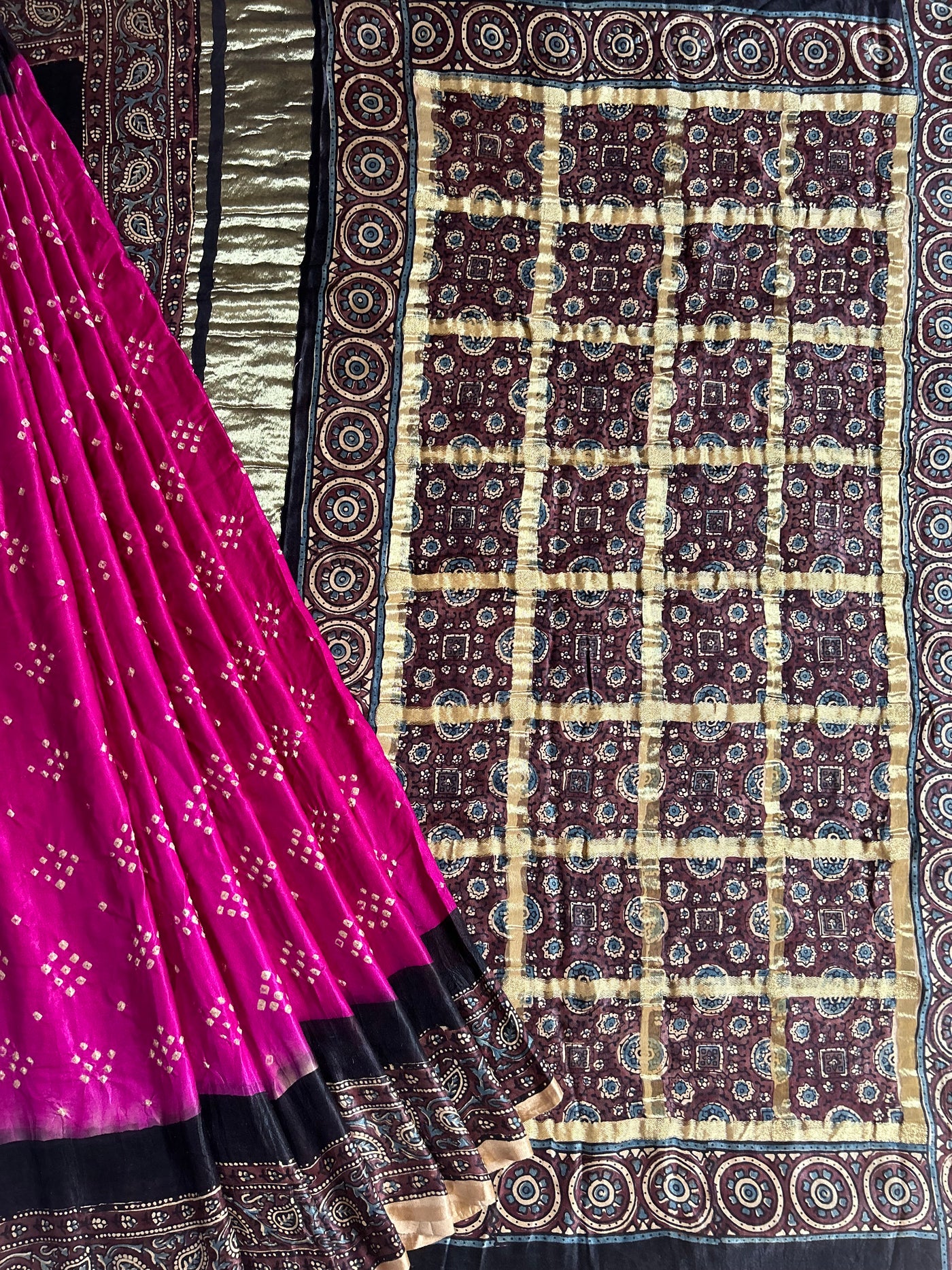 SANYUKTA: HANDMADE PURE GAJJI SILK AJRAKH BANDHEJ GHARCHOLA PALLU SAREE