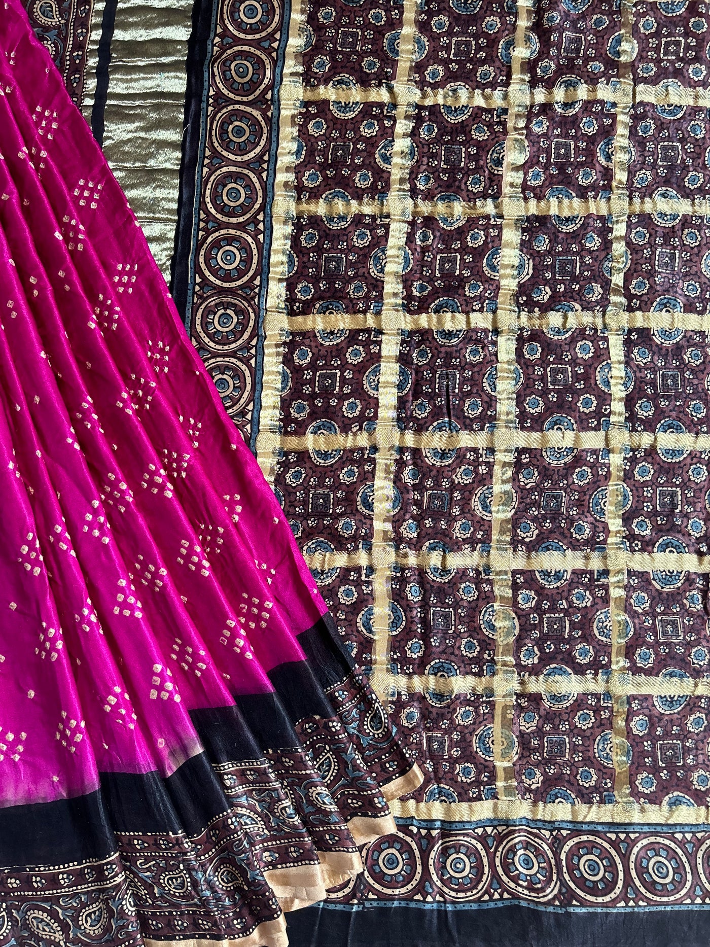 SANYUKTA: HANDMADE PURE GAJJI SILK AJRAKH BANDHEJ GHARCHOLA PALLU SAREE