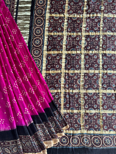 SANYUKTA: HANDMADE PURE GAJJI SILK AJRAKH BANDHEJ GHARCHOLA PALLU SAREE