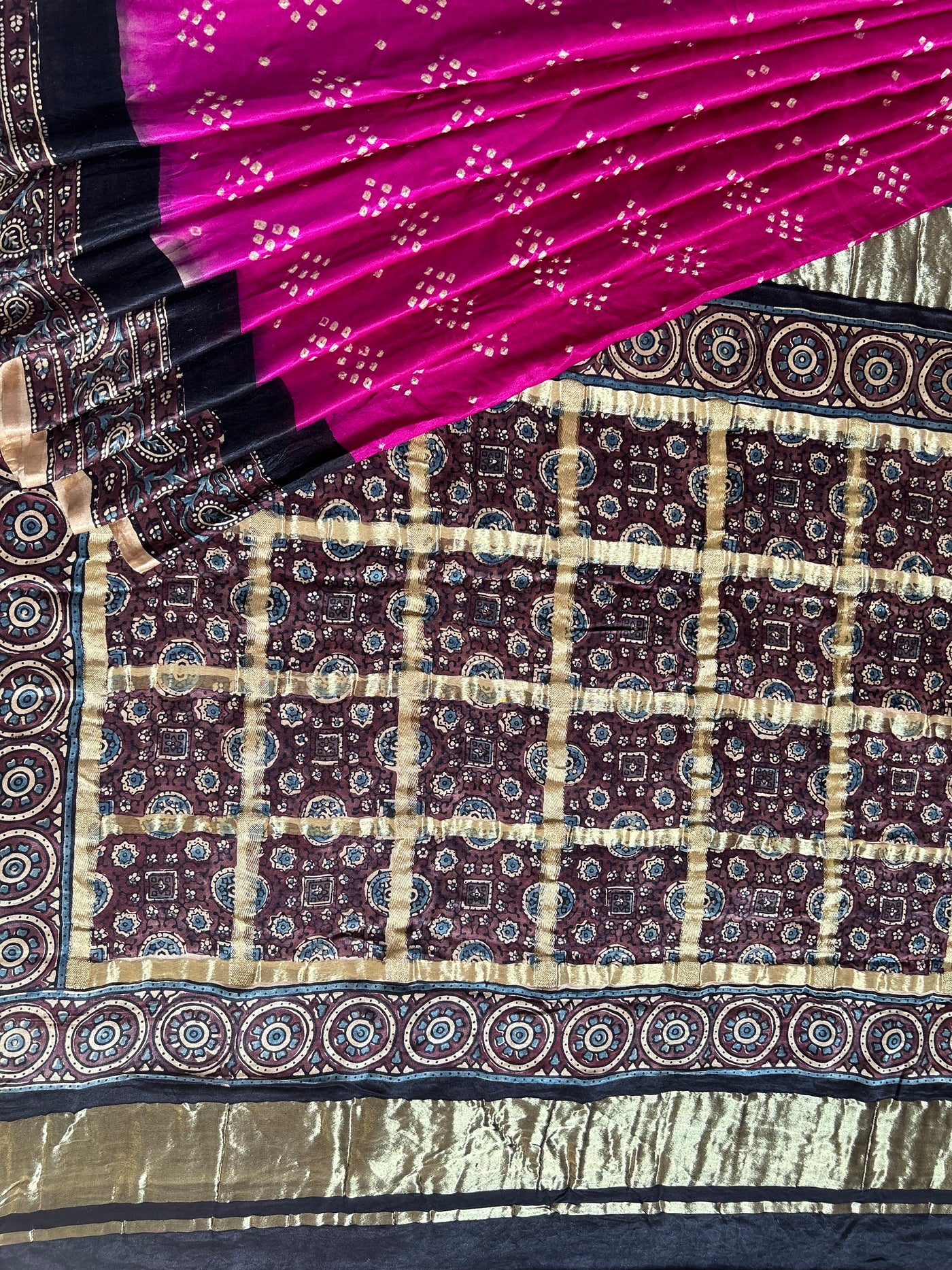 SANYUKTA: HANDMADE PURE GAJJI SILK AJRAKH BANDHEJ GHARCHOLA PALLU SAREE