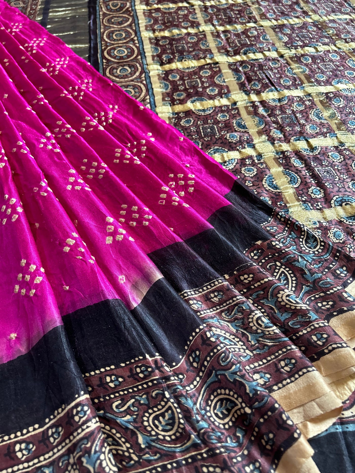 SANYUKTA: HANDMADE PURE GAJJI SILK AJRAKH BANDHEJ GHARCHOLA PALLU SAREE