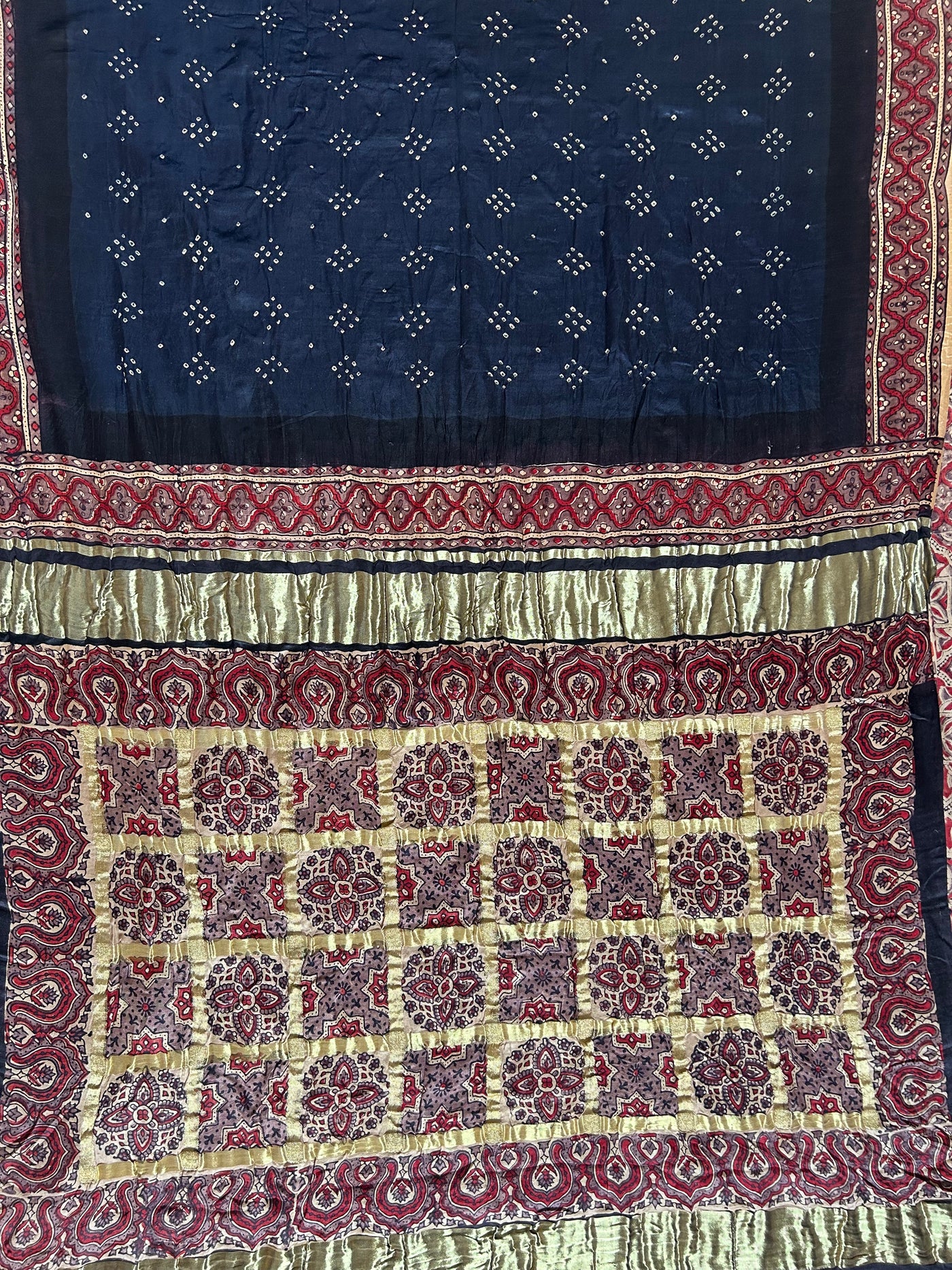 RANJHANA: HANDMADE PURE GAJJI SILK AJRAKH BANDHEJ GHARCHOLA PALLU SAREE