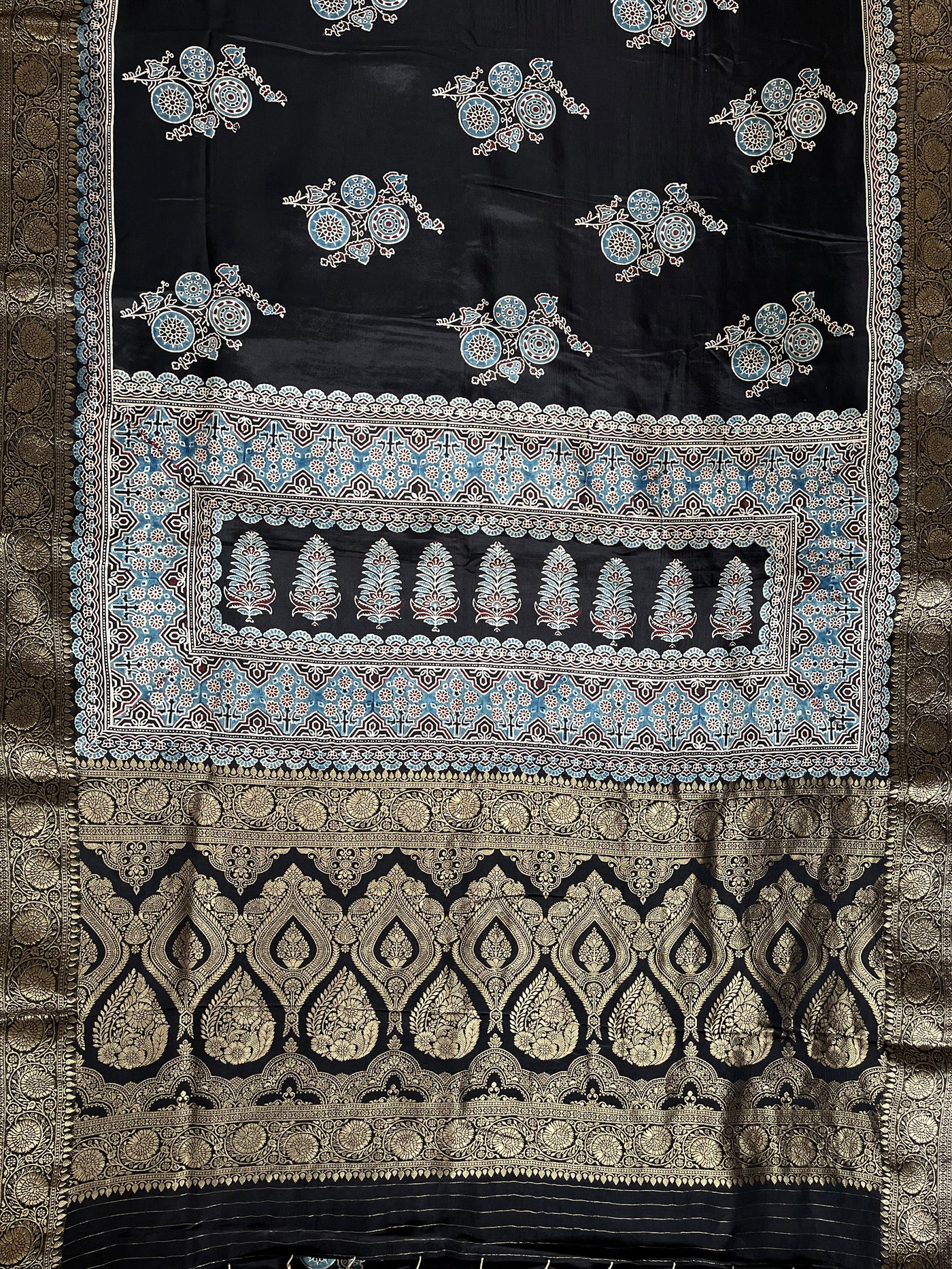 PRATIBHA: Handblock Ajrakh Dola Silk Saree with Meenakari Pallu