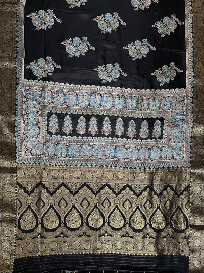 PRATIBHA: Handblock Ajrakh Dola Silk Saree with Meenakari Pallu
