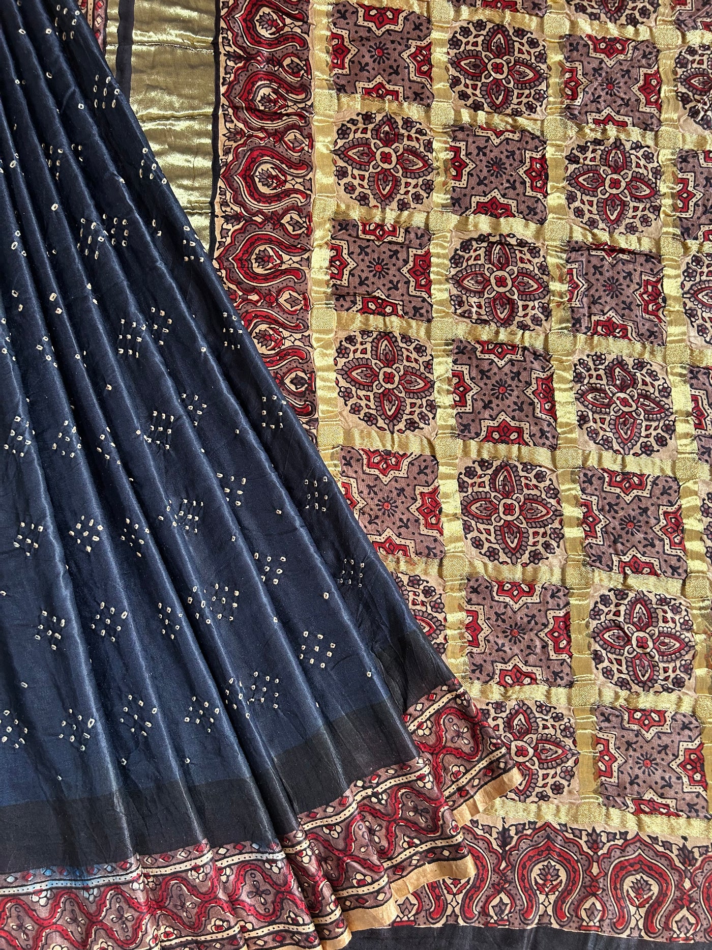 RANJHANA: HANDMADE PURE GAJJI SILK AJRAKH BANDHEJ GHARCHOLA PALLU SAREE