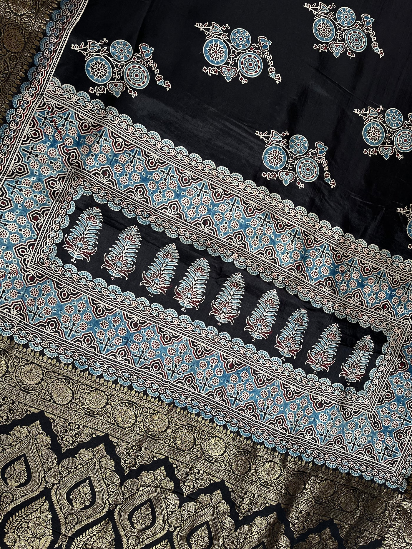 PRATIBHA: Handblock Ajrakh Dola Silk Saree with Meenakari Pallu