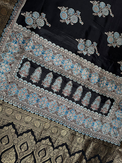PRATIBHA: Handblock Ajrakh Dola Silk Saree with Meenakari Pallu