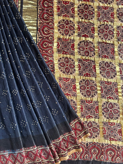 RANJHANA: HANDMADE PURE GAJJI SILK AJRAKH BANDHEJ GHARCHOLA PALLU SAREE