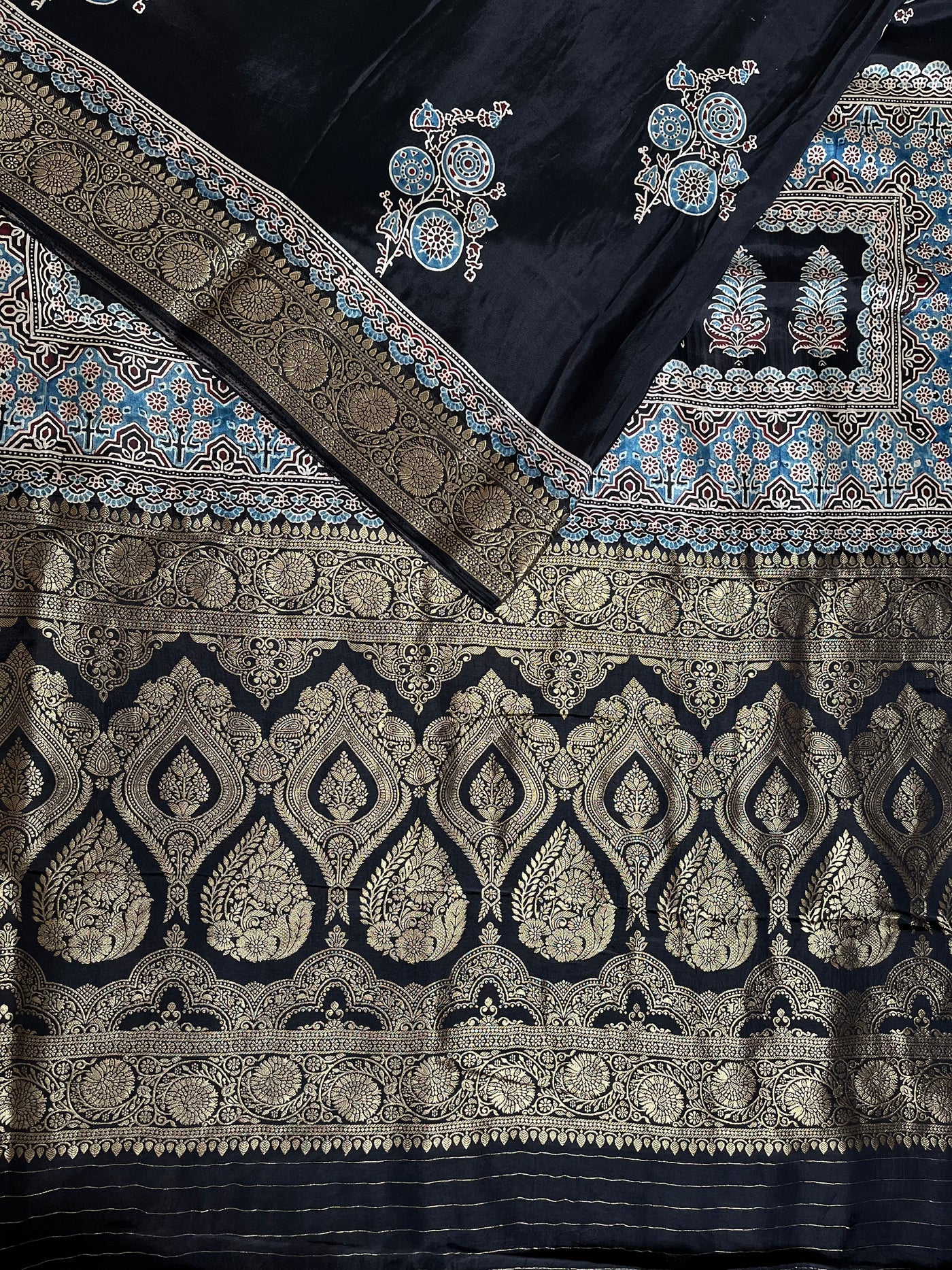 PRATIBHA: Handblock Ajrakh Dola Silk Saree with Meenakari Pallu
